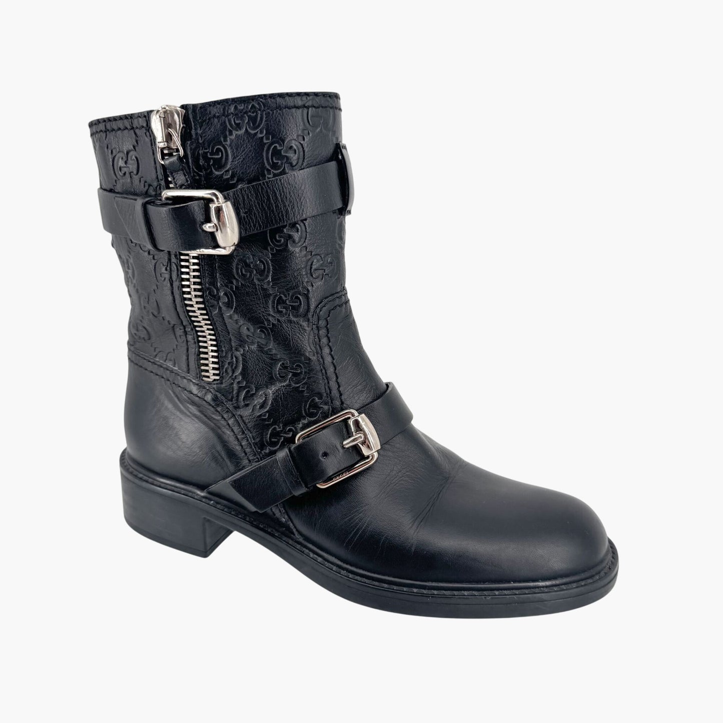 Gucci GG Guccissima Moto Ankle Boots Black Leather – Size 37.5