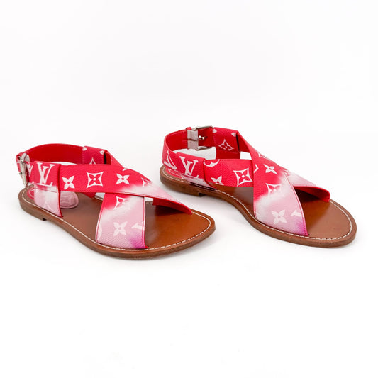 Louis Vuitton Palma Flat Criss-Cross Sandals in Pink & Red LV Tie Dye Canvas Size 37.5