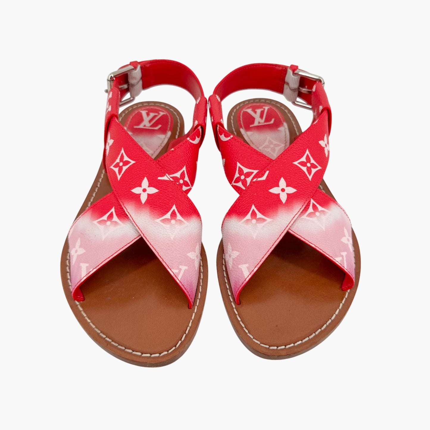Louis Vuitton Palma Flat Criss-Cross Sandals in Pink & Red LV Tie Dye Canvas Size 37.5