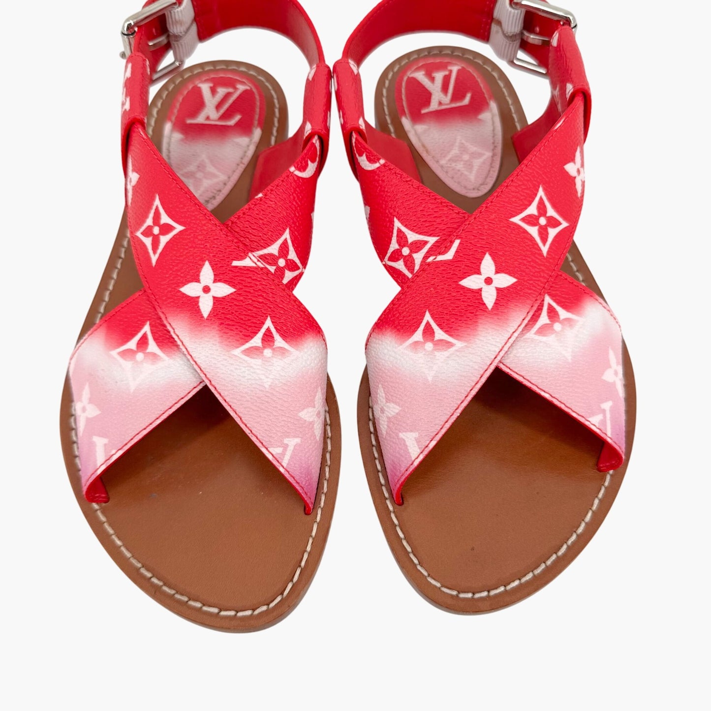 Louis Vuitton Palma Flat Criss-Cross Sandals in Pink & Red LV Tie Dye Canvas Size 37.5