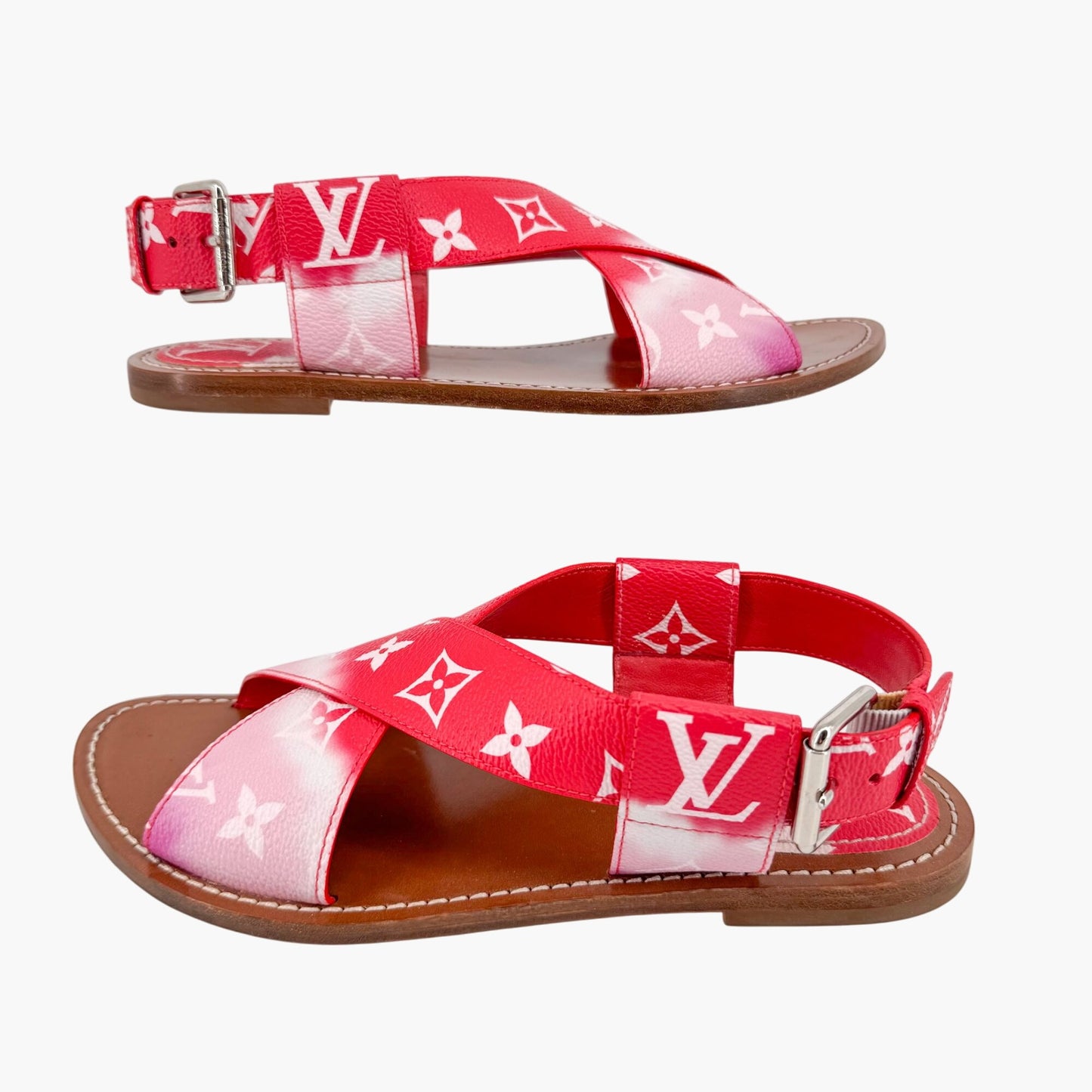 Louis Vuitton Palma Flat Criss-Cross Sandals in Pink & Red LV Tie Dye Canvas Size 37.5
