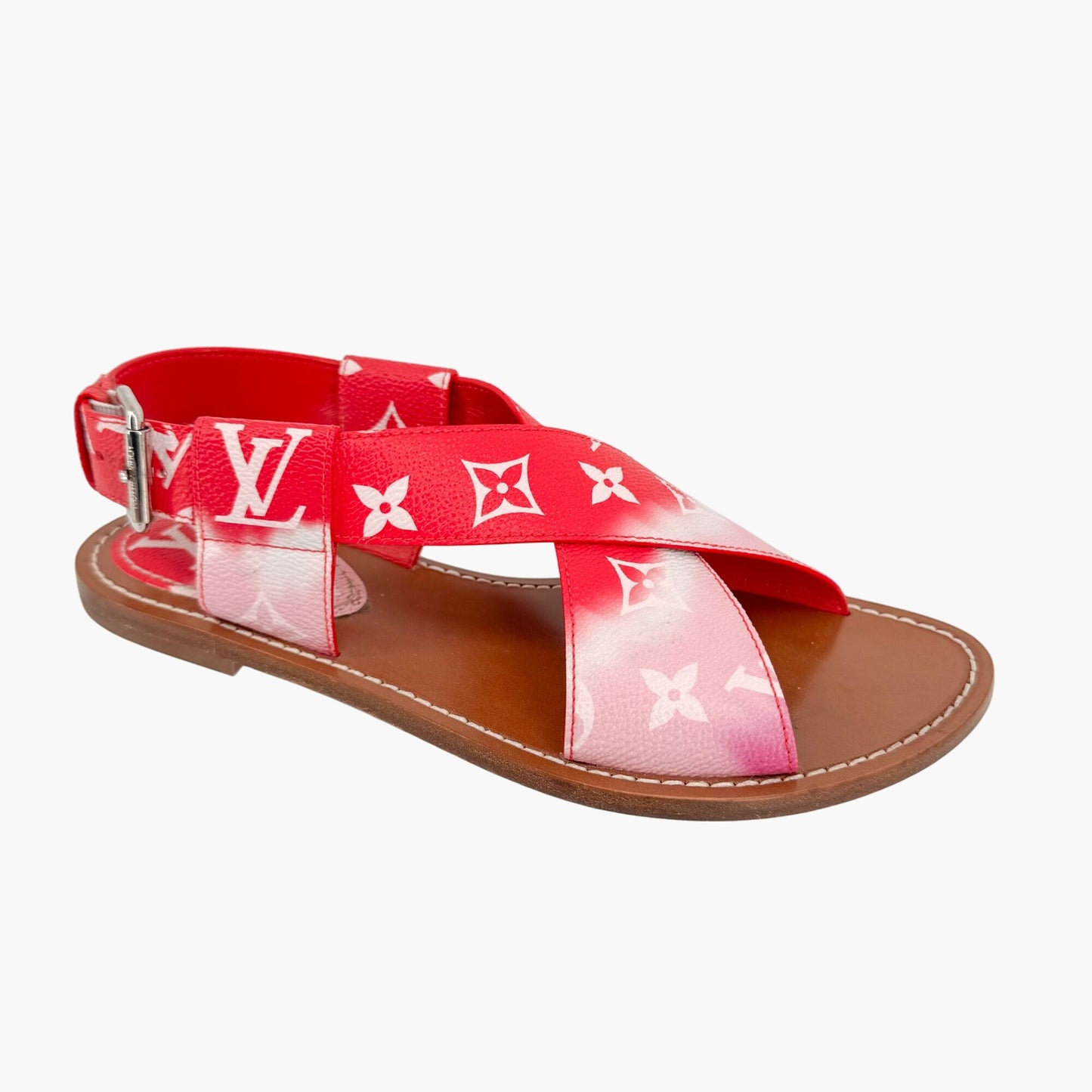 Louis Vuitton Palma Flat Criss-Cross Sandals in Pink & Red LV Tie Dye Canvas Size 37.5