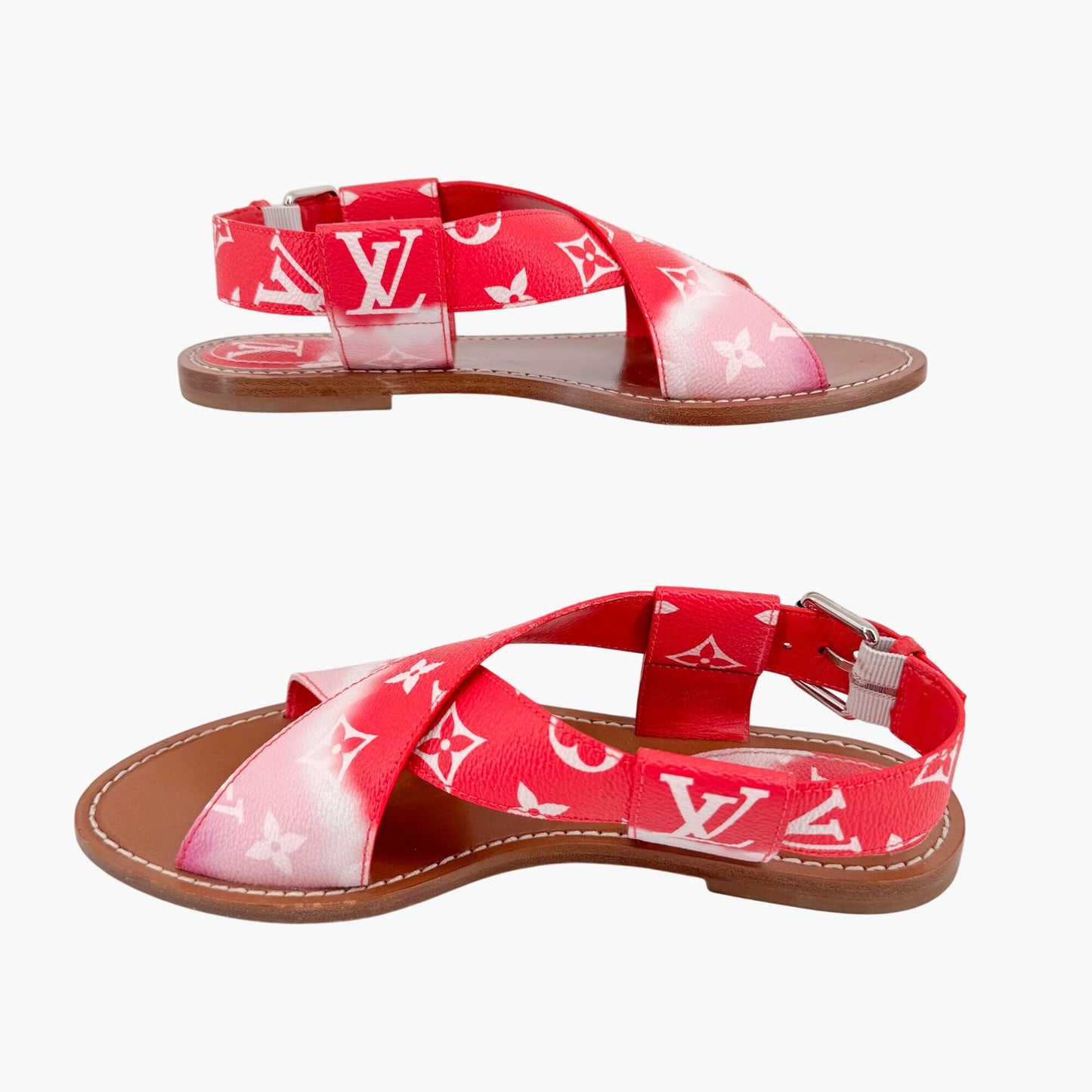 Louis Vuitton Palma Flat Criss-Cross Sandals in Pink & Red LV Tie Dye Canvas Size 37.5