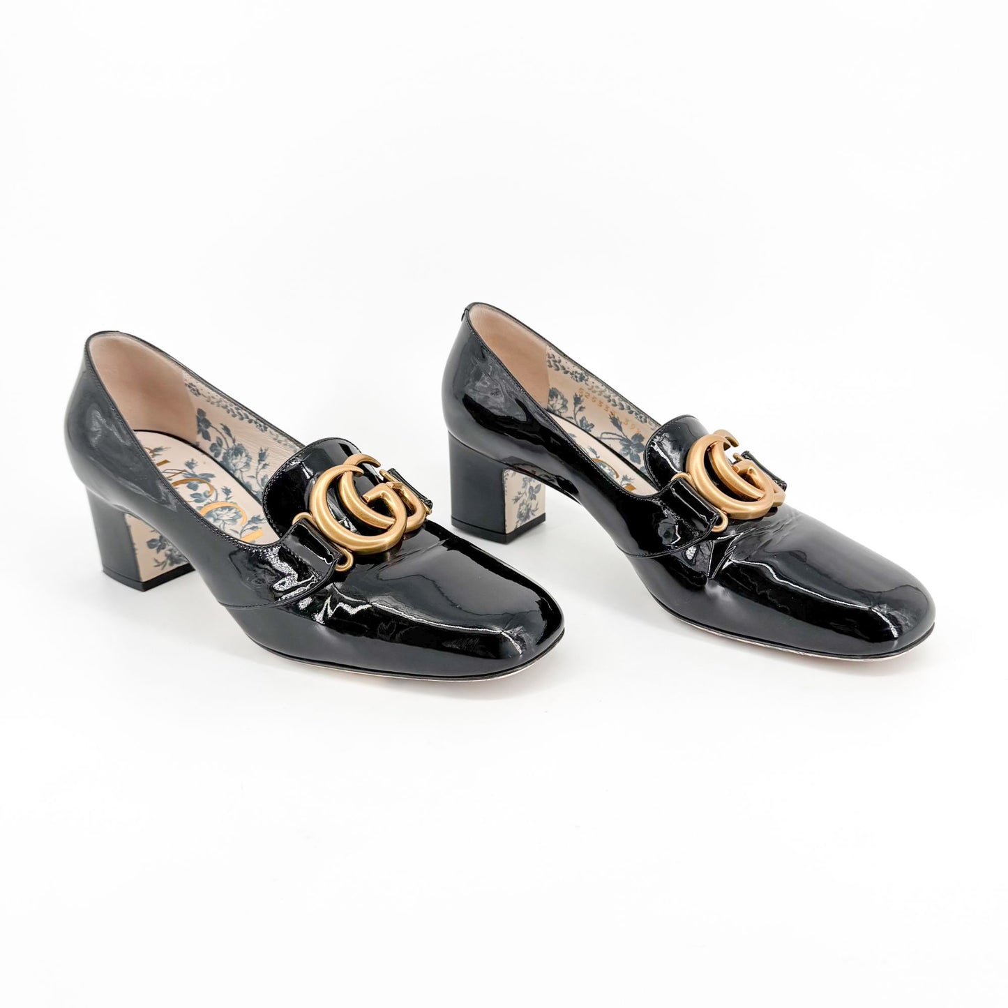 Gucci Victoire GG Block Heel Pumps in Black Patent Leather Size 39.5