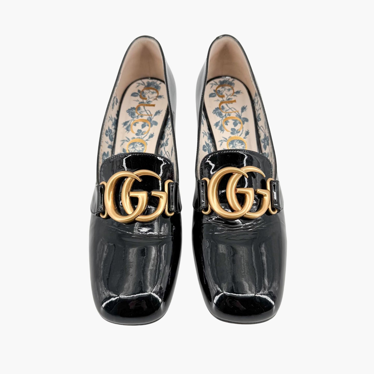 Gucci Victoire GG Block Heel Pumps in Black Patent Leather Size 39.5