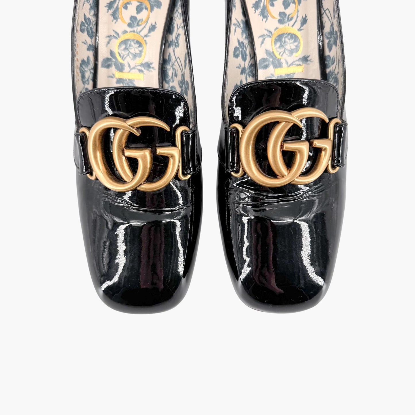 Gucci Victoire GG Block Heel Pumps in Black Patent Leather Size 39.5