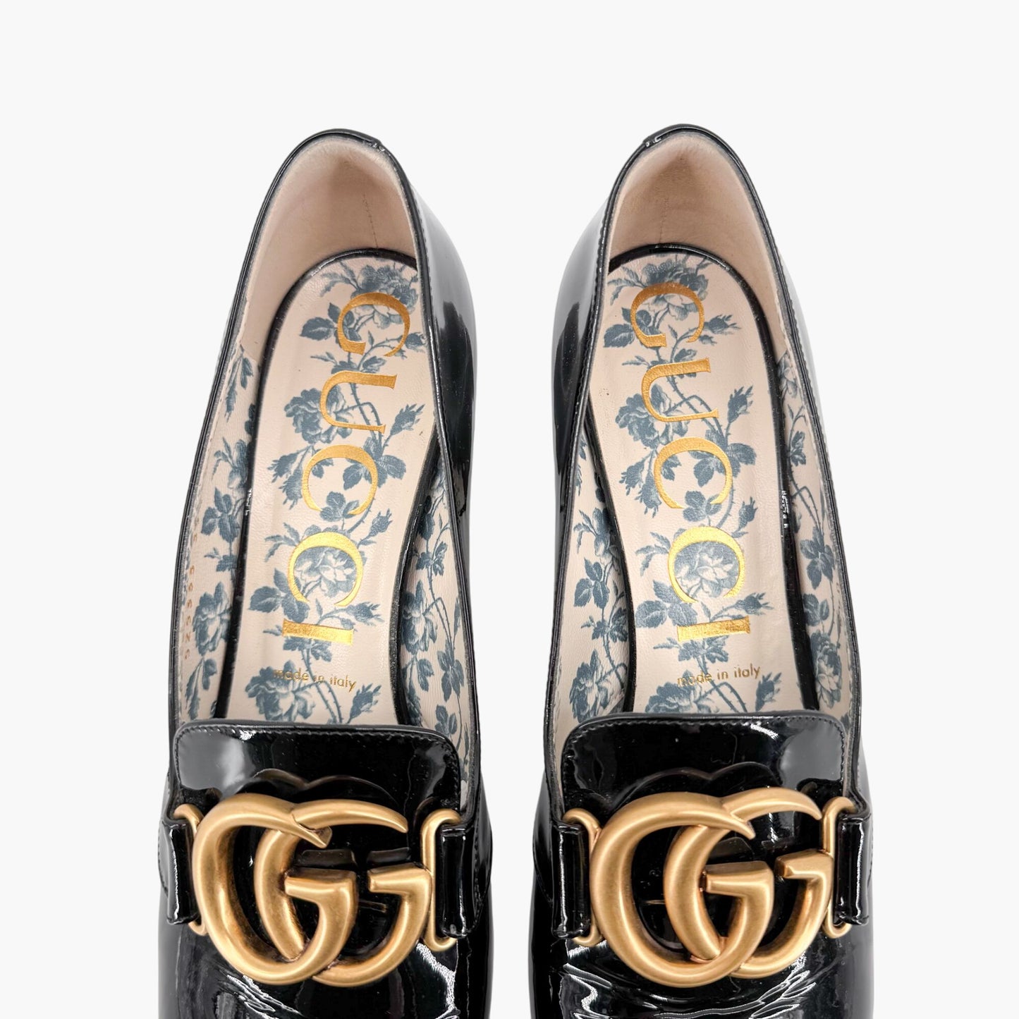 Gucci Victoire GG Block Heel Pumps in Black Patent Leather Size 39.5