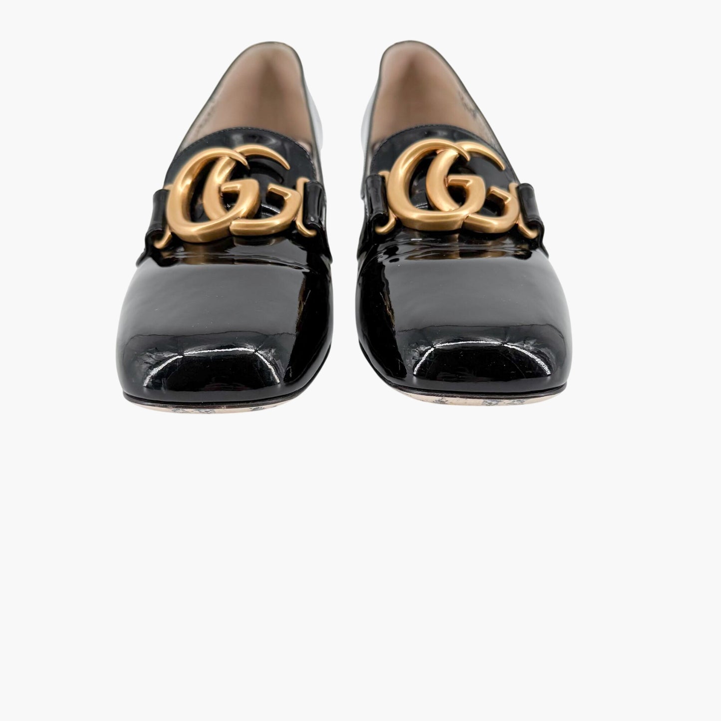 Gucci Victoire GG Block Heel Pumps in Black Patent Leather Size 39.5