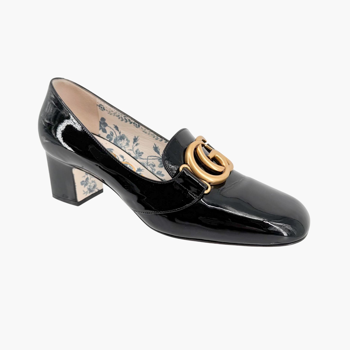 Gucci Victoire GG Block Heel Pumps in Black Patent Leather Size 39.5