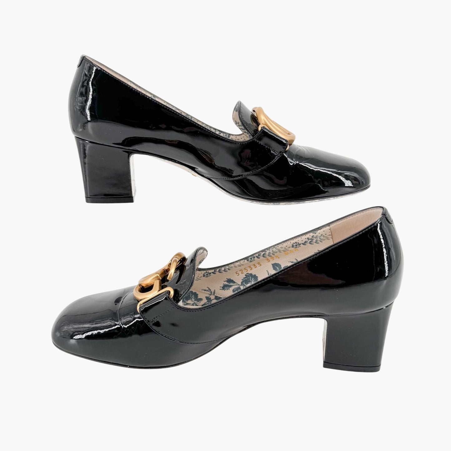 Gucci Victoire GG Block Heel Pumps in Black Patent Leather Size 39.5
