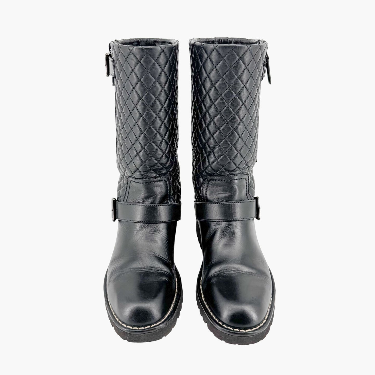 Chanel Quilted Mid-Calf Moto Boots in Black Leather Size 37.5