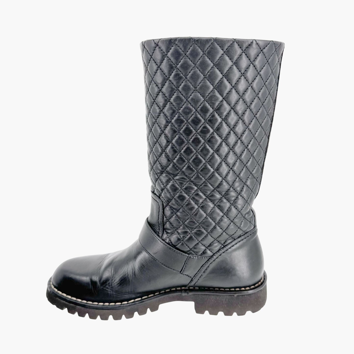 Chanel Quilted Mid-Calf Moto Boots in Black Leather Size 37.5