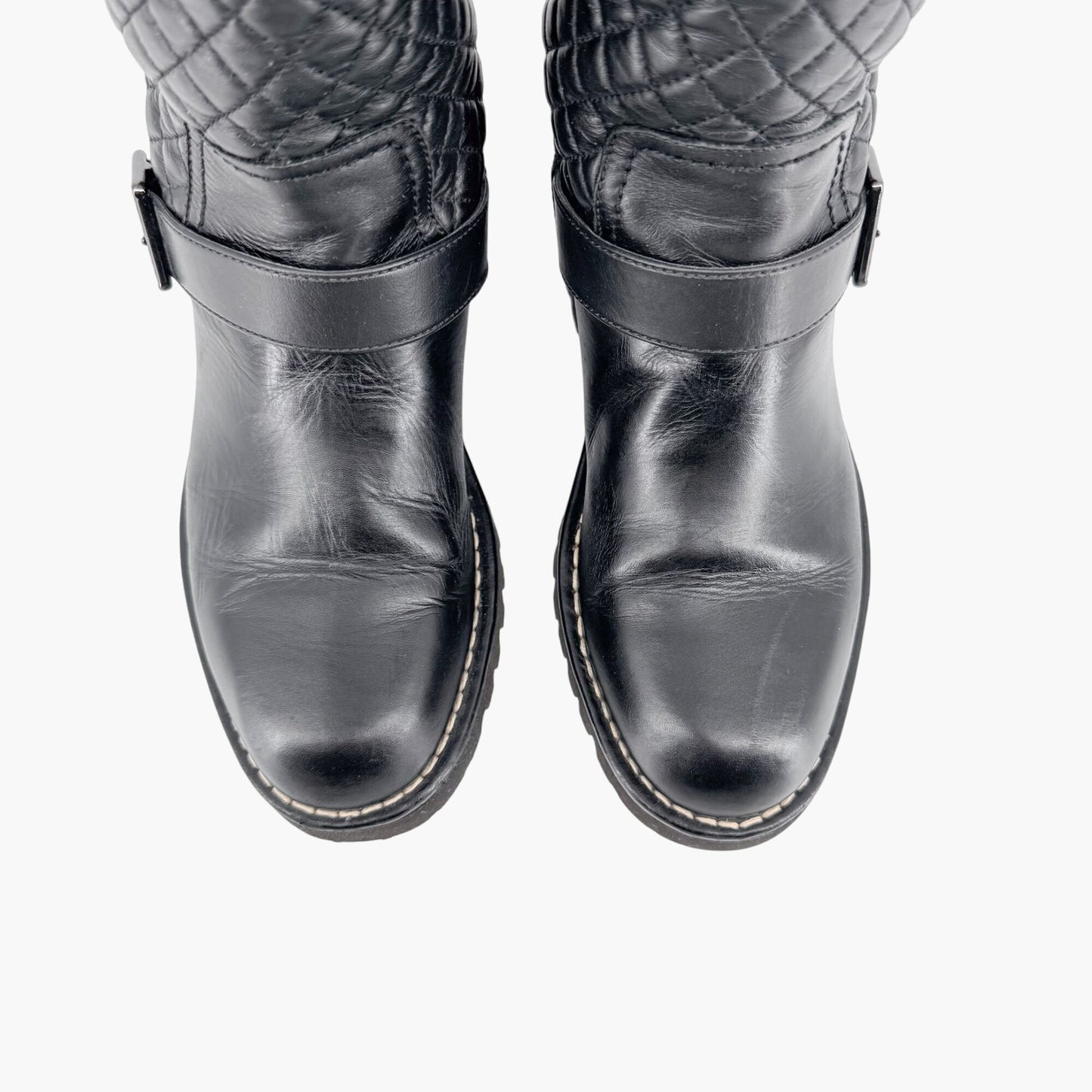 Chanel Quilted Mid-Calf Moto Boots in Black Leather Size 37.5