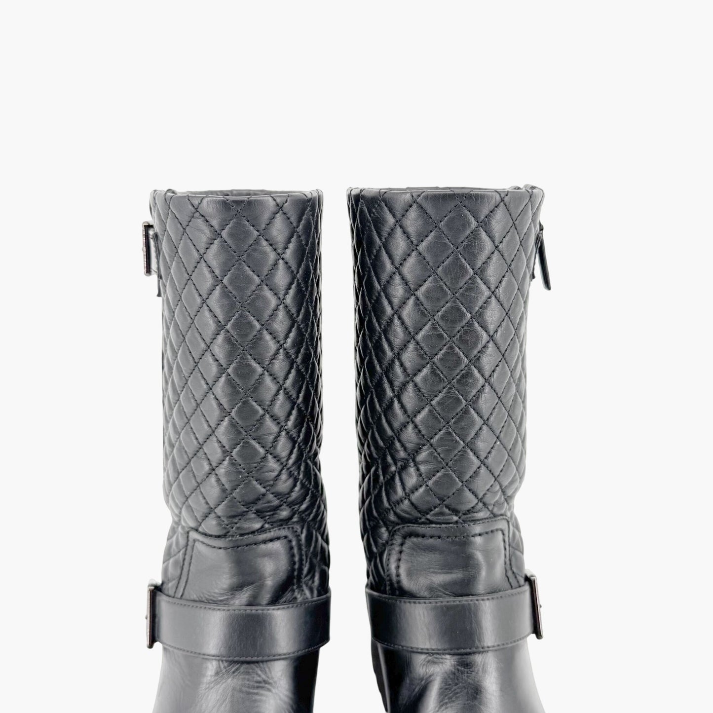 Chanel Quilted Mid-Calf Moto Boots in Black Leather Size 37.5