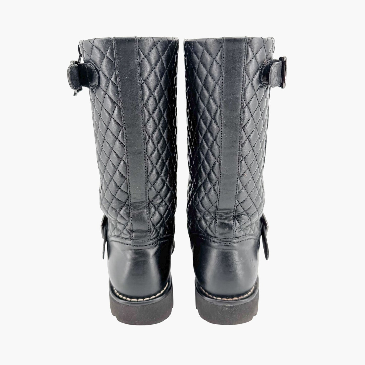 Chanel Quilted Mid-Calf Moto Boots in Black Leather Size 37.5