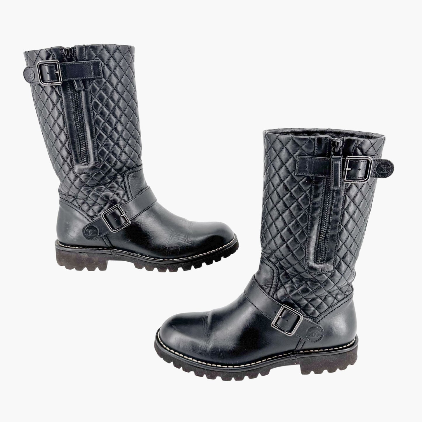 Chanel Quilted Mid-Calf Moto Boots in Black Leather Size 37.5