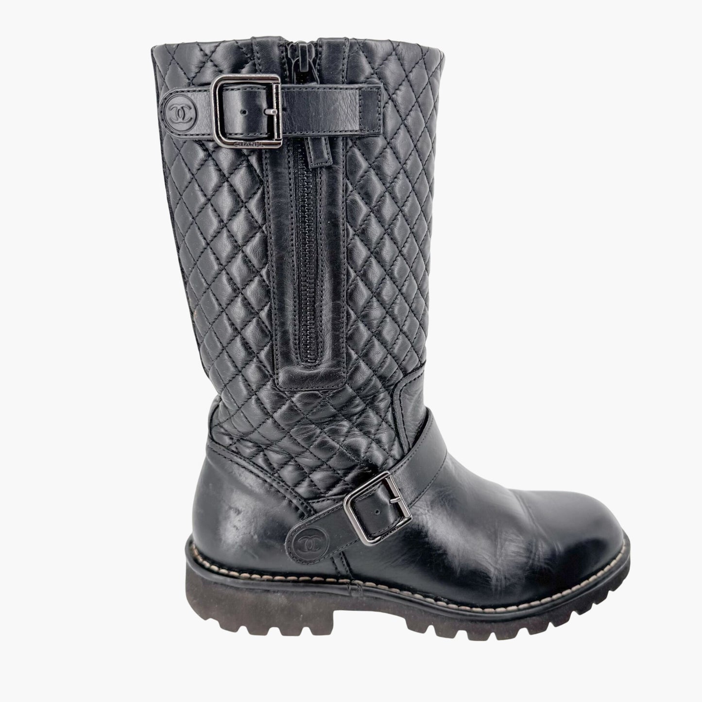 Chanel Quilted Mid-Calf Moto Boots in Black Leather Size 37.5