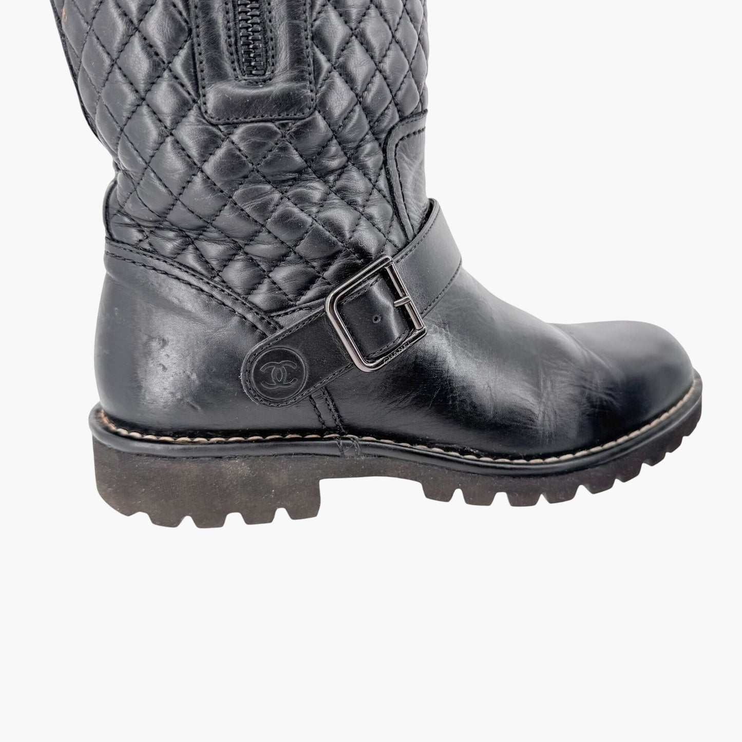 Chanel Quilted Mid-Calf Moto Boots in Black Leather Size 37.5