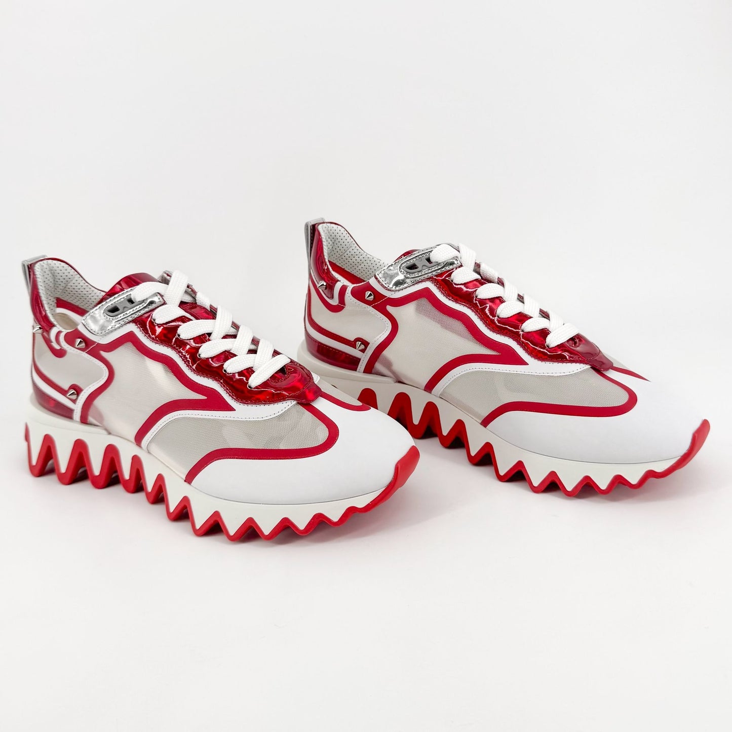Christian Louboutin Sharkina Sneakers in White Mesh & Red Patent Leather – Size 40