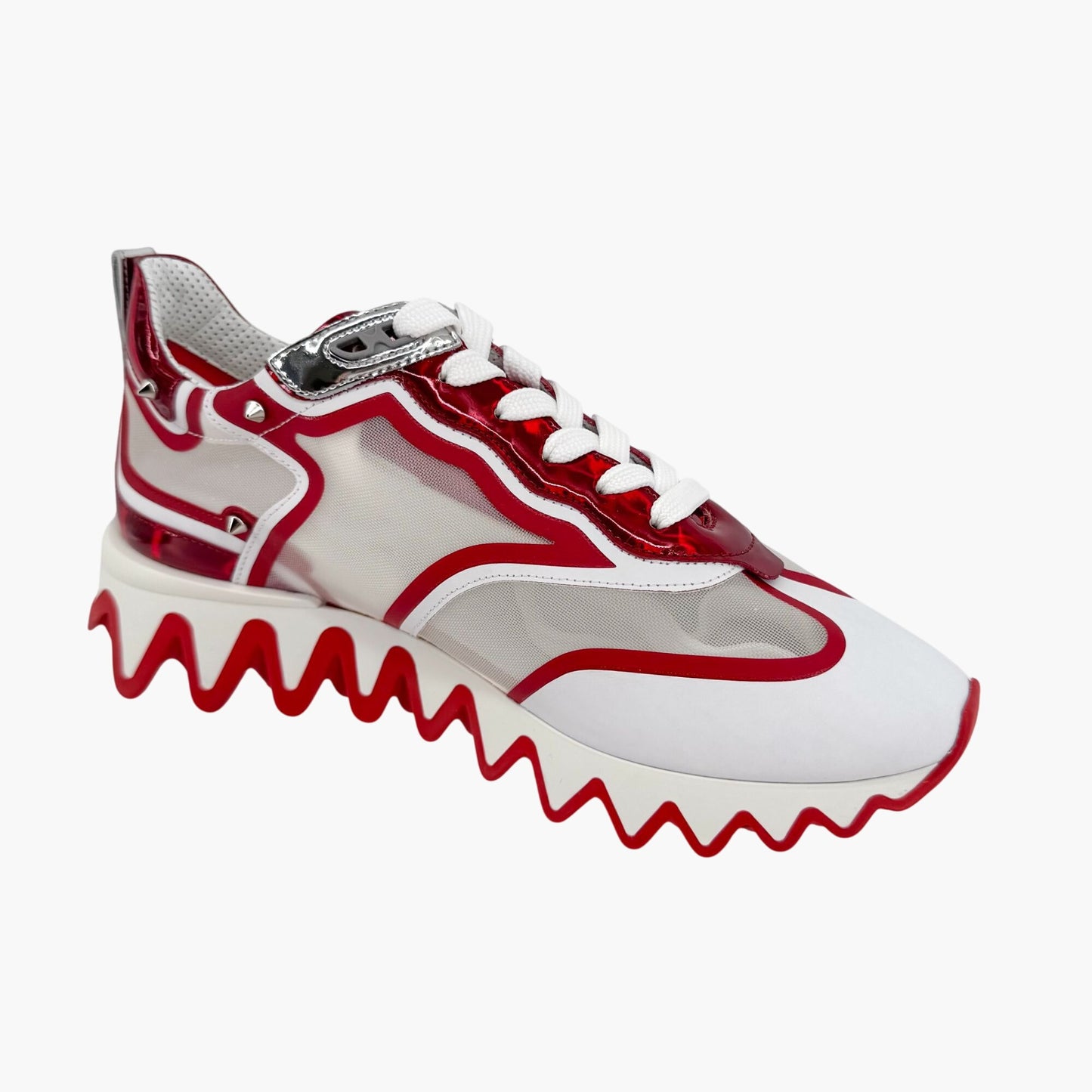 Christian Louboutin Sharkina Sneakers in White Mesh & Red Patent Leather – Size 40
