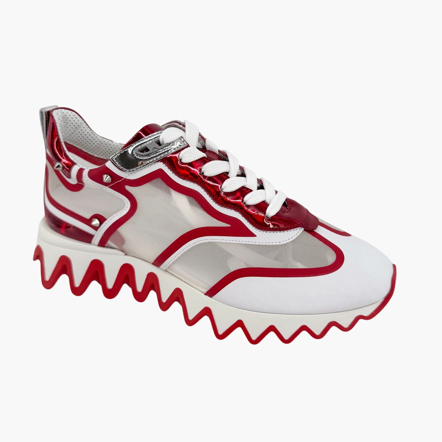 Christian Louboutin Sharkina Sneakers in White Mesh & Red Patent Leather – Size 40