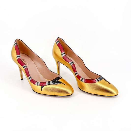 Gucci Yoko Snake Metallic Gold Leather Stiletto Pumps – Size 38.5