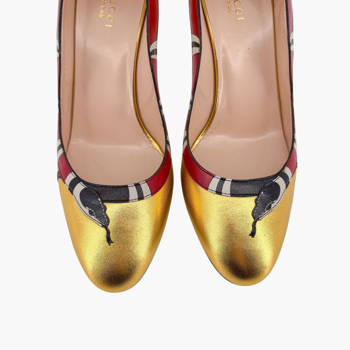 Gucci Yoko Snake Metallic Gold Leather Stiletto Pumps – Size 38.5