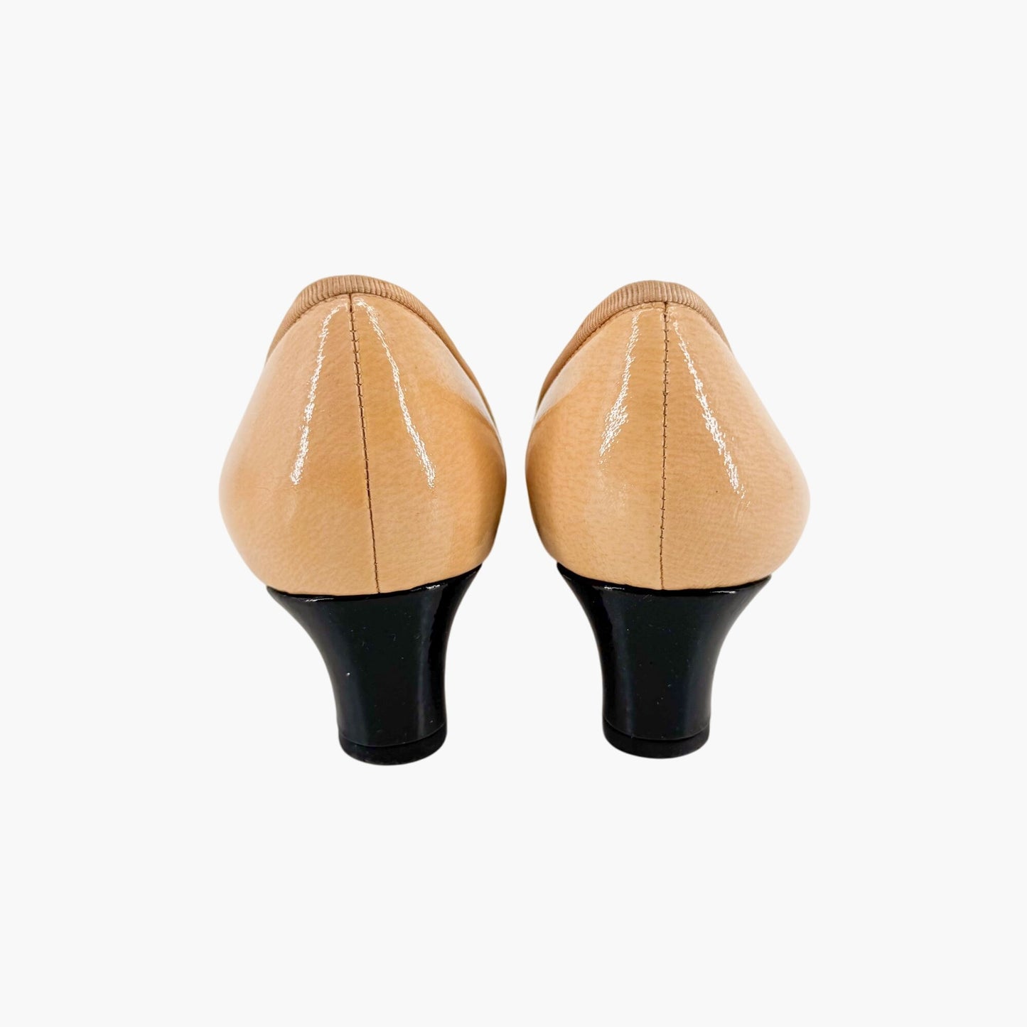 Chanel CC Cap Toe Kitten Pumps in Beige & Black Patent Leather Size 39.5