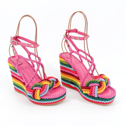 Valentino Garavani Torchon Rainbow Rockstud Wedge Sandals in Multicolor Braided Rope Size 36