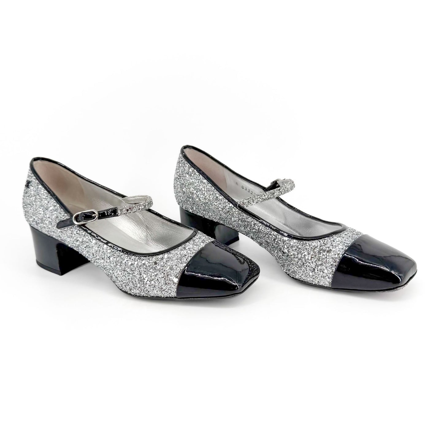 Chanel Silver Glitter CC Cap Toe Mary Jane Pumps Size 41.5
