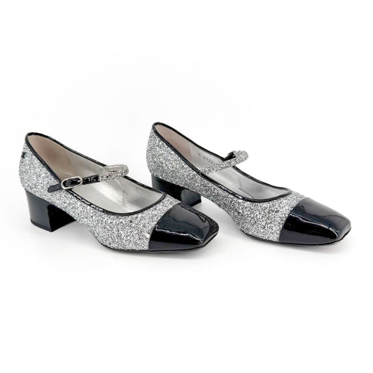 Chanel Silver Glitter CC Cap Toe Mary Jane Pumps Size 41.5