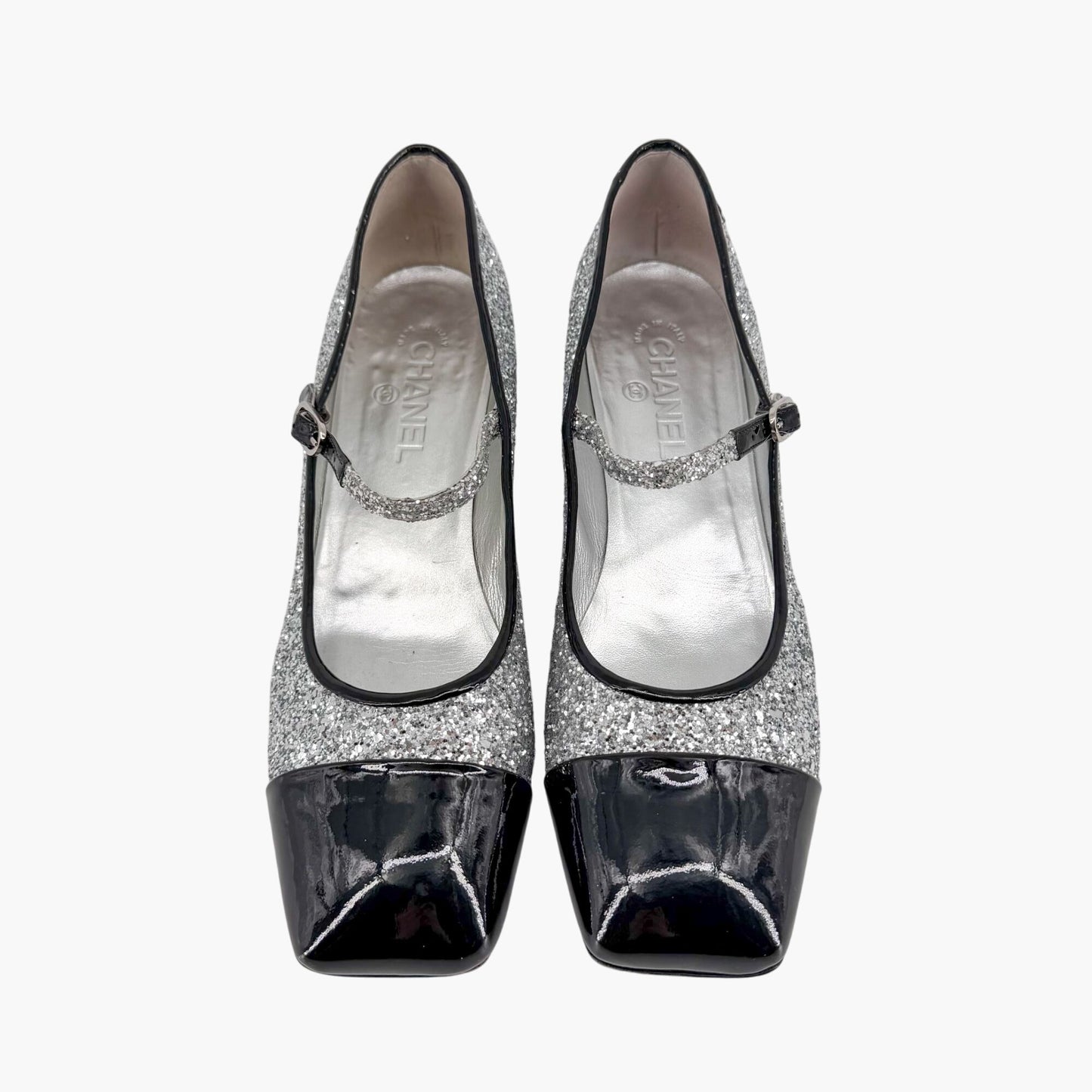 Chanel Silver Glitter CC Cap Toe Mary Jane Pumps Size 41.5