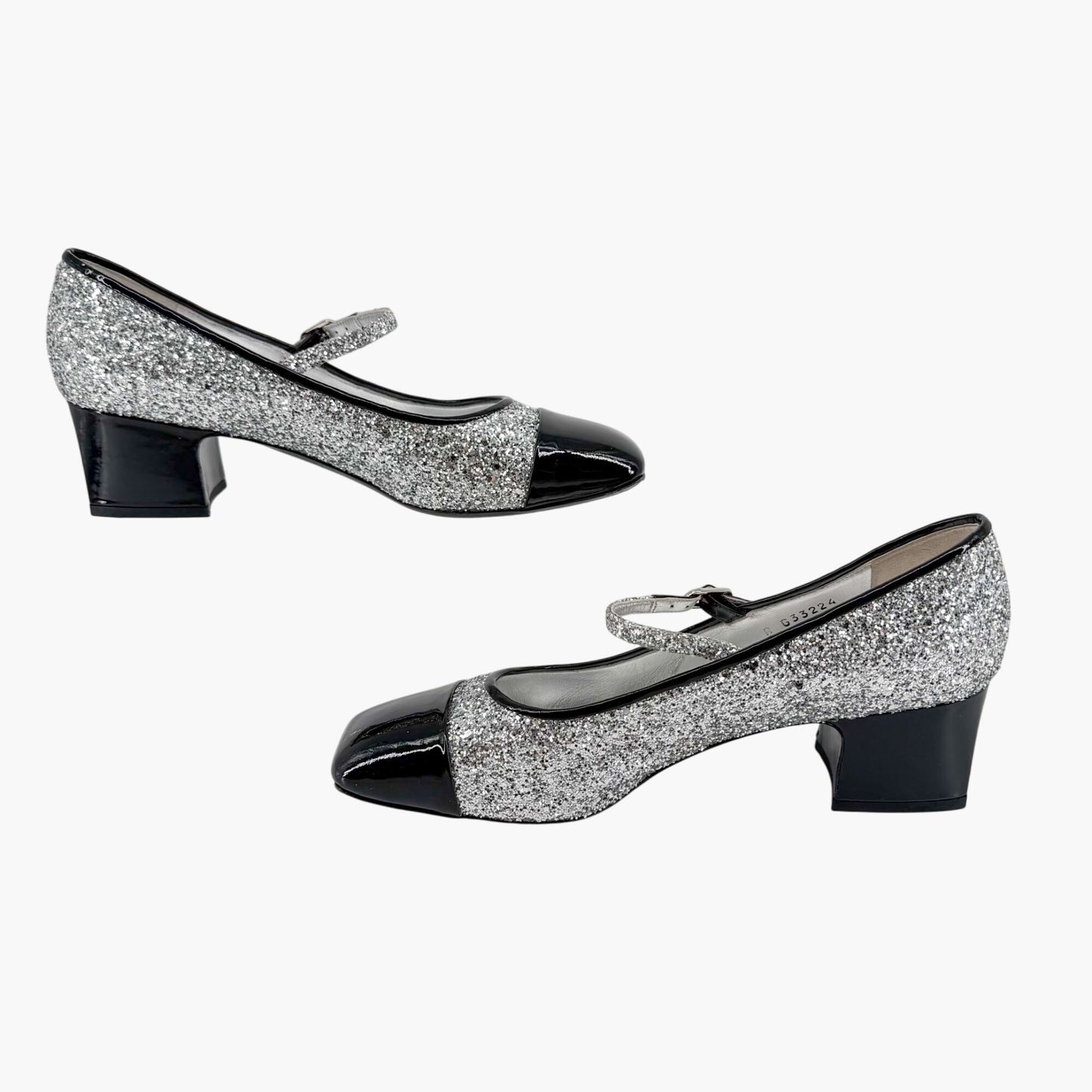 Chanel Silver Glitter CC Cap Toe Mary Jane Pumps Size 41.5
