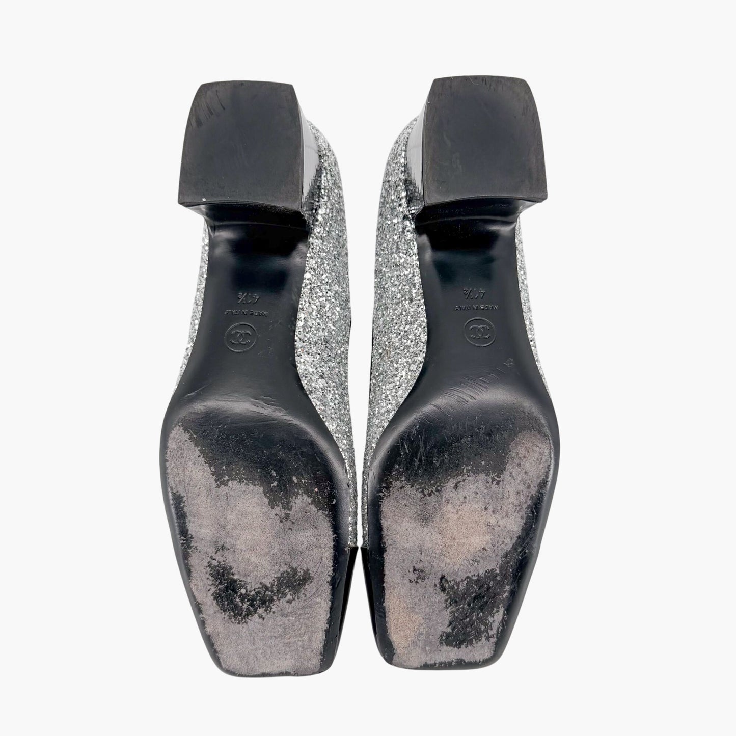 Chanel Silver Glitter CC Cap Toe Mary Jane Pumps Size 41.5