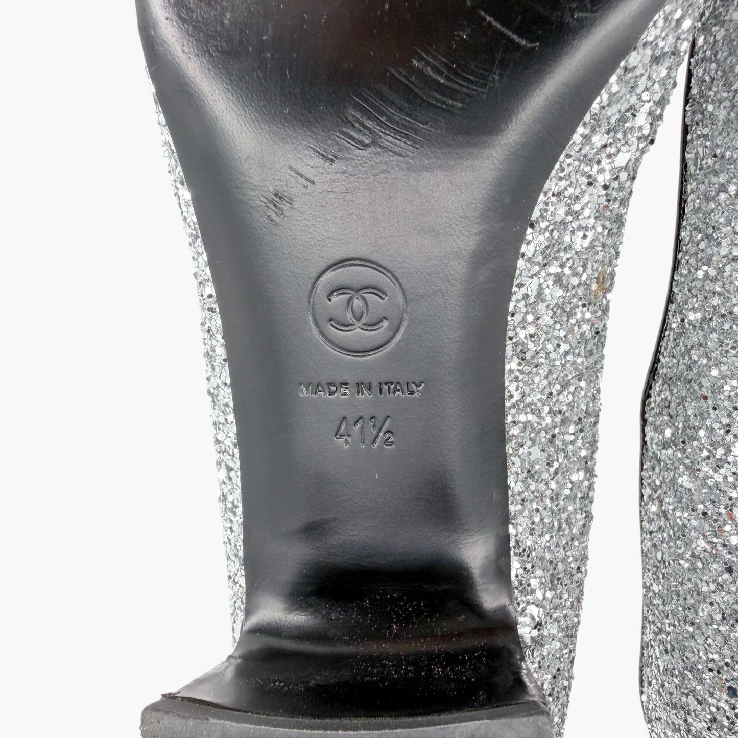 Chanel Silver Glitter CC Cap Toe Mary Jane Pumps Size 41.5