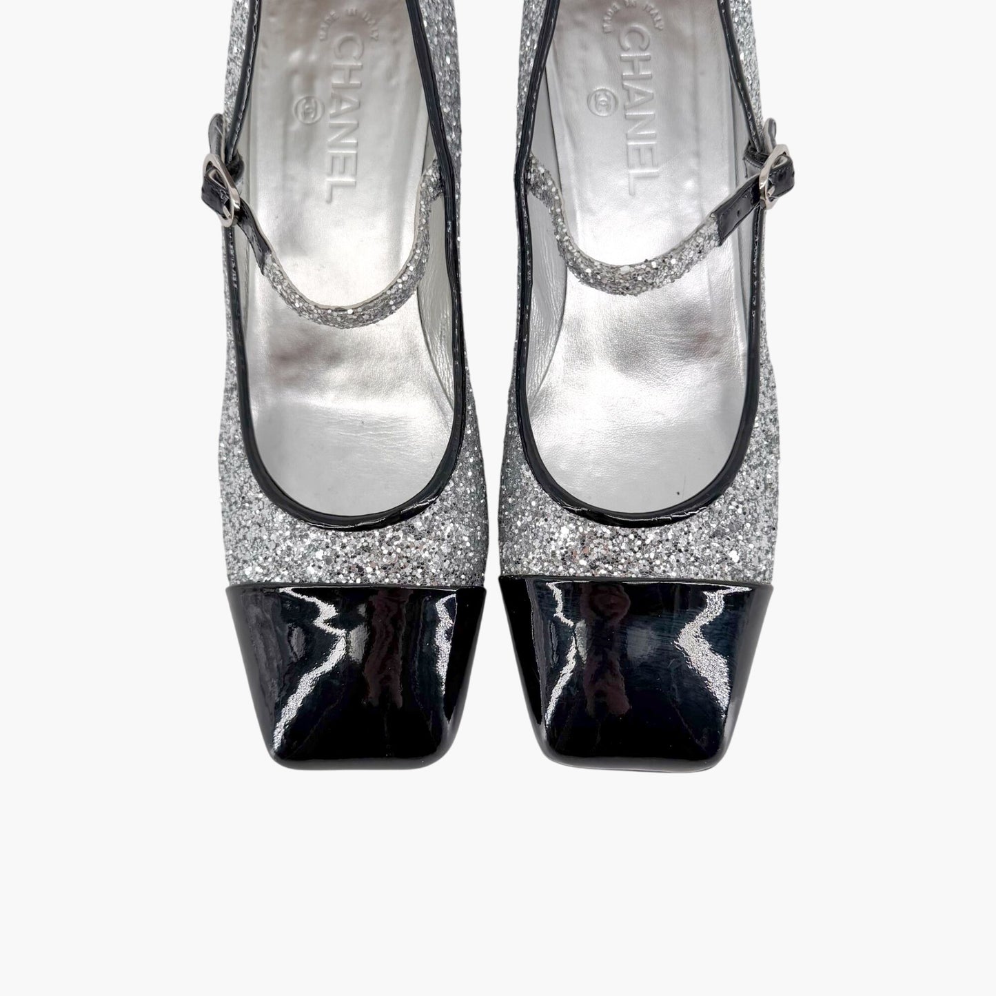 Chanel Silver Glitter CC Cap Toe Mary Jane Pumps Size 41.5