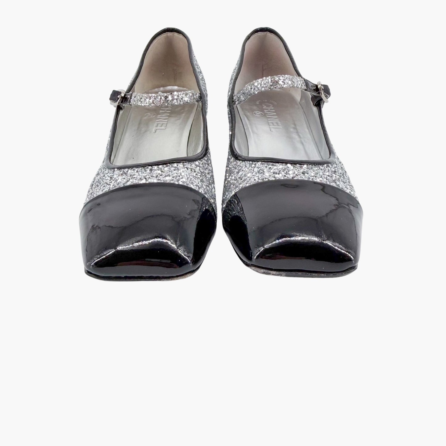 Chanel Silver Glitter CC Cap Toe Mary Jane Pumps Size 41.5