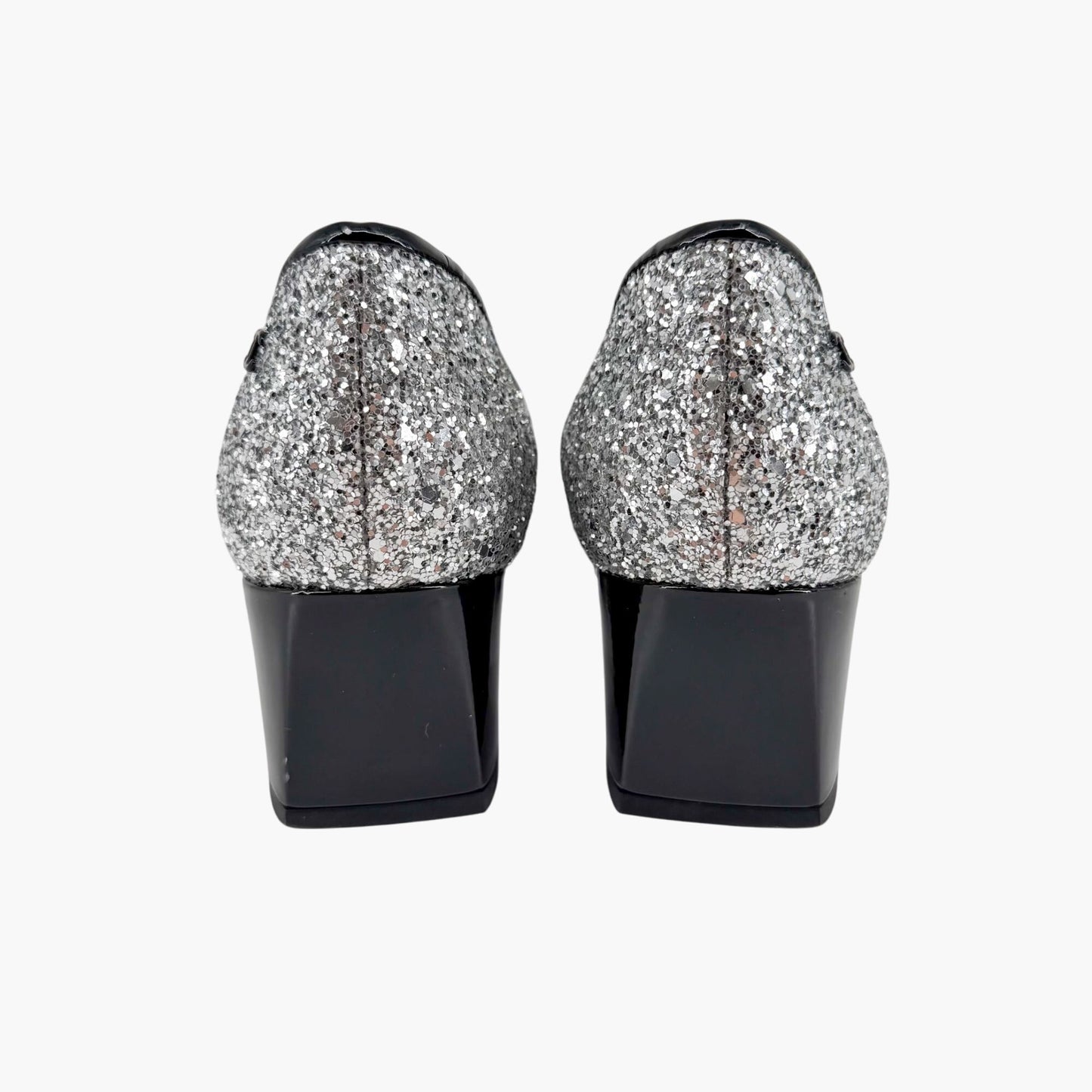 Chanel Silver Glitter CC Cap Toe Mary Jane Pumps Size 41.5