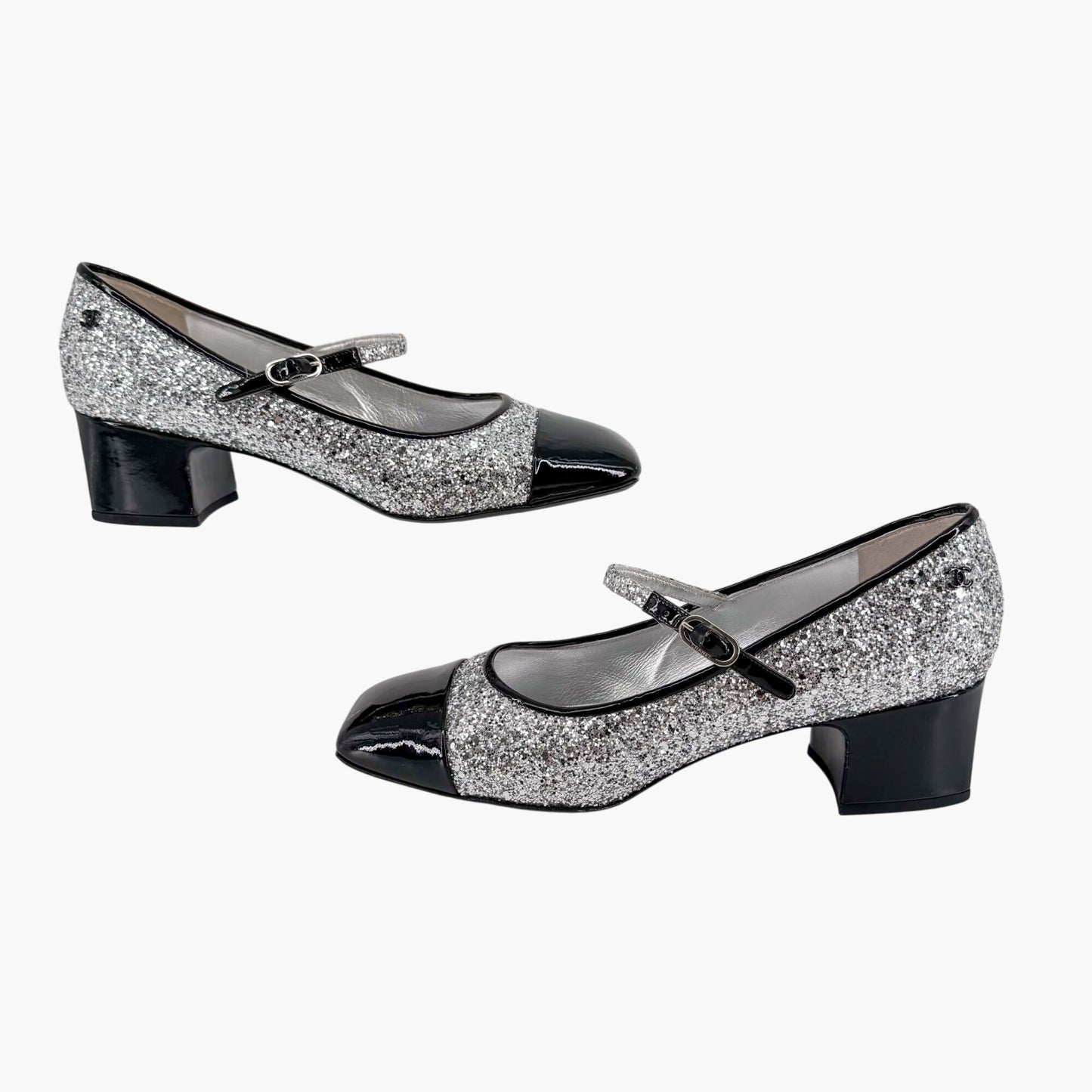 Chanel Silver Glitter CC Cap Toe Mary Jane Pumps Size 41.5