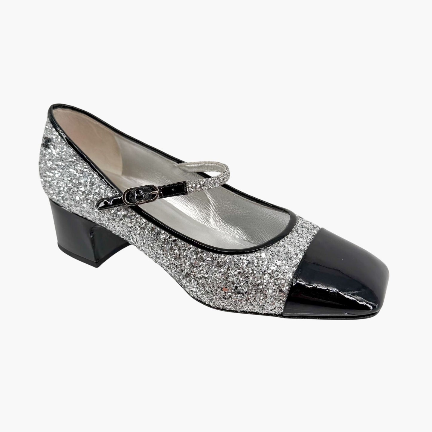 Chanel Silver Glitter CC Cap Toe Mary Jane Pumps Size 41.5