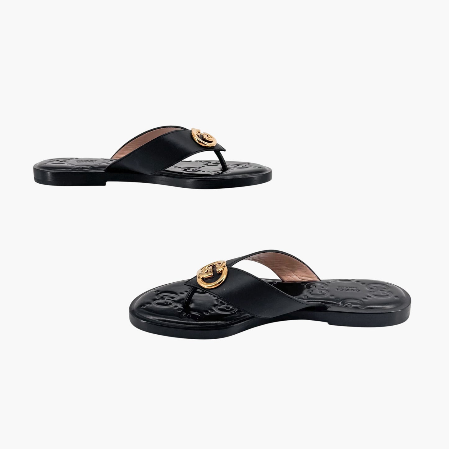 Gucci GG Interlock Embossed Flat Thong Sandals in Black Leather – Size 37