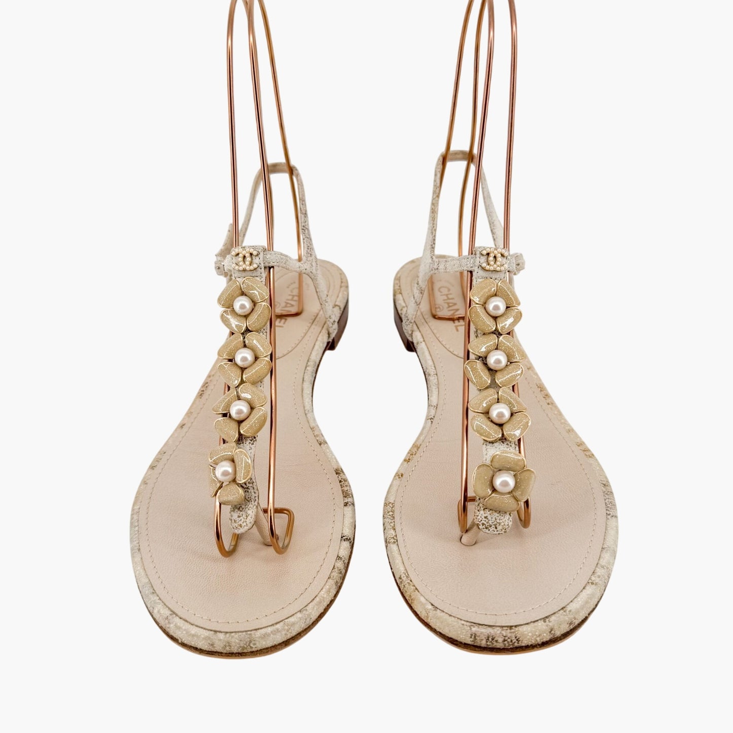 Chanel Camellia Pearl CC T-Strap Flat Sandals in Beige Suede Size 38