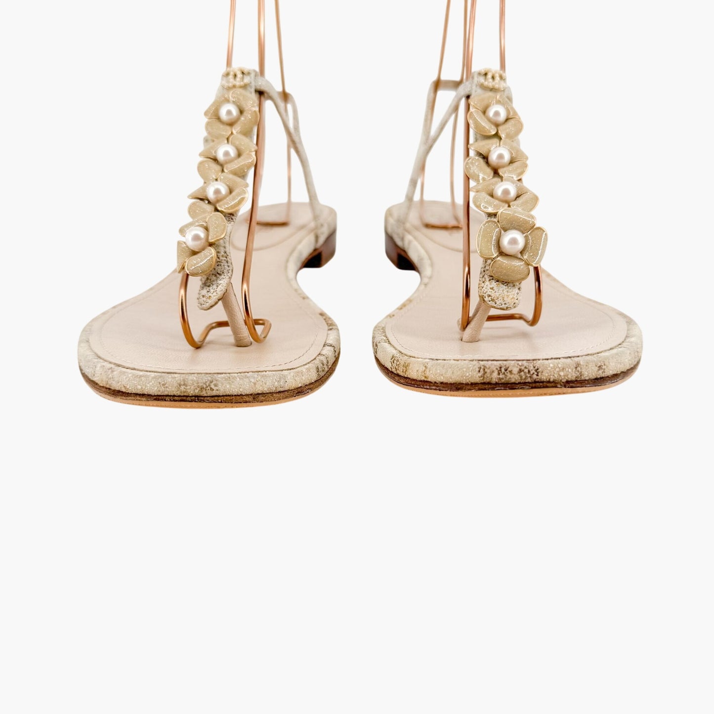 Chanel Camellia Pearl CC T-Strap Flat Sandals in Beige Suede Size 38