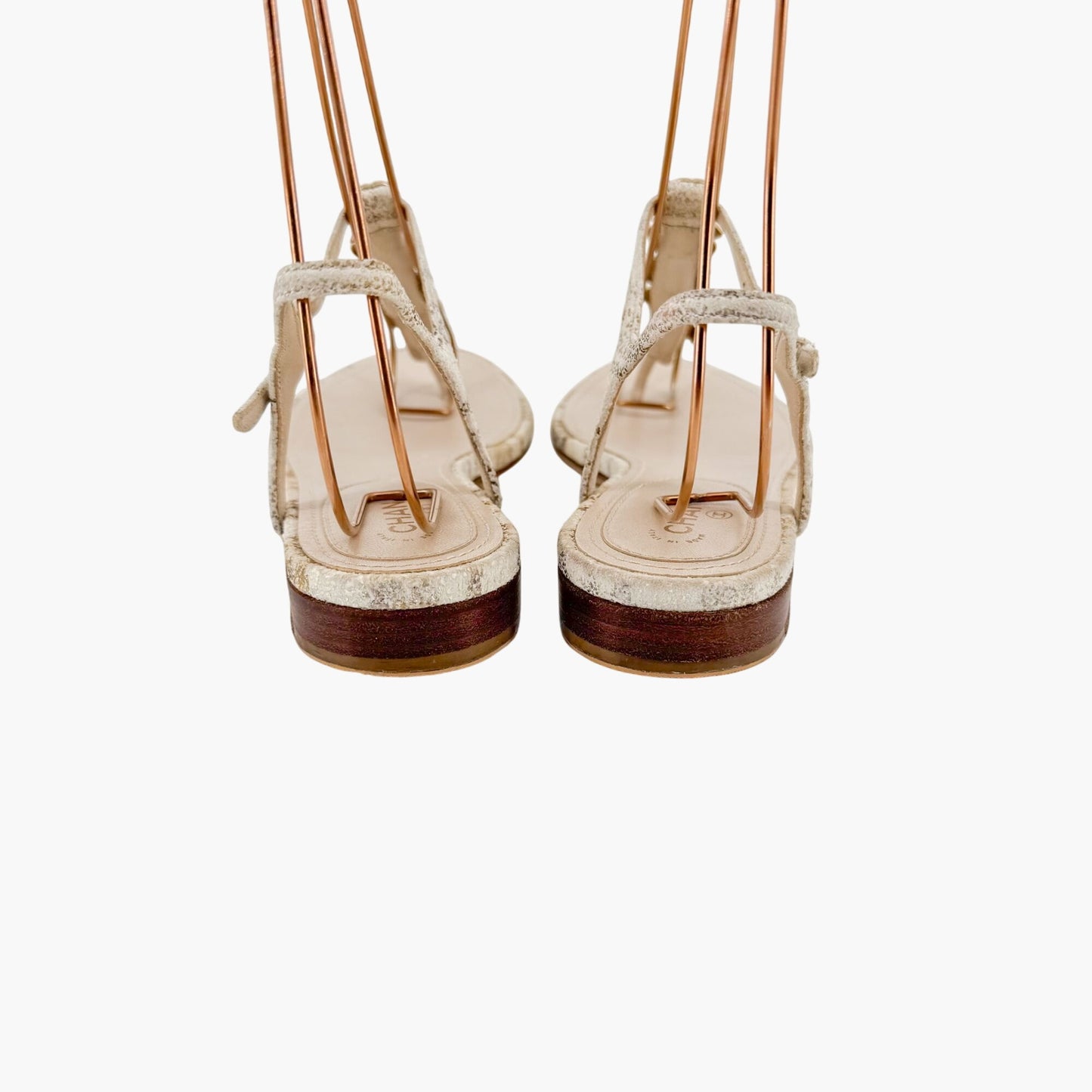 Chanel Camellia Pearl CC T-Strap Flat Sandals in Beige Suede Size 38