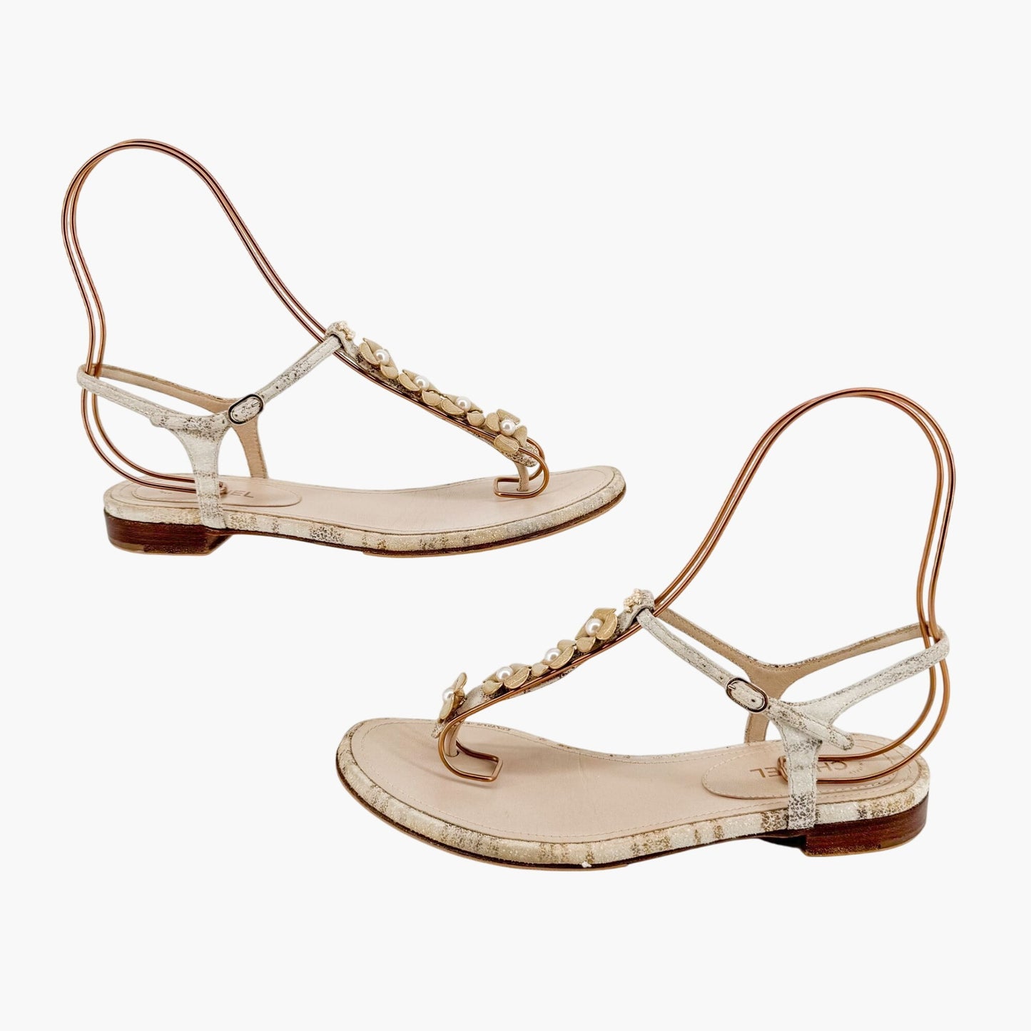 Chanel Camellia Pearl CC T-Strap Flat Sandals in Beige Suede Size 38