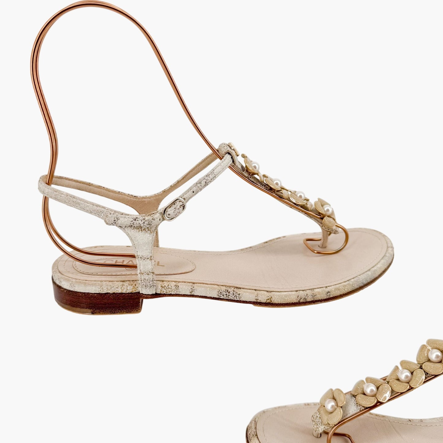Chanel Camellia Pearl CC T-Strap Flat Sandals in Beige Suede Size 38