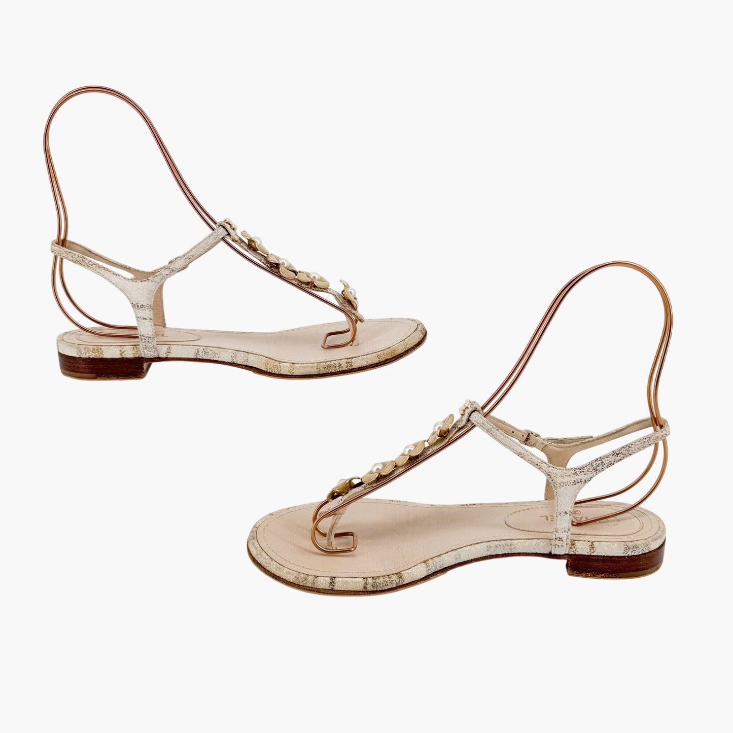 Chanel Camellia Pearl CC T-Strap Flat Sandals in Beige Suede Size 38