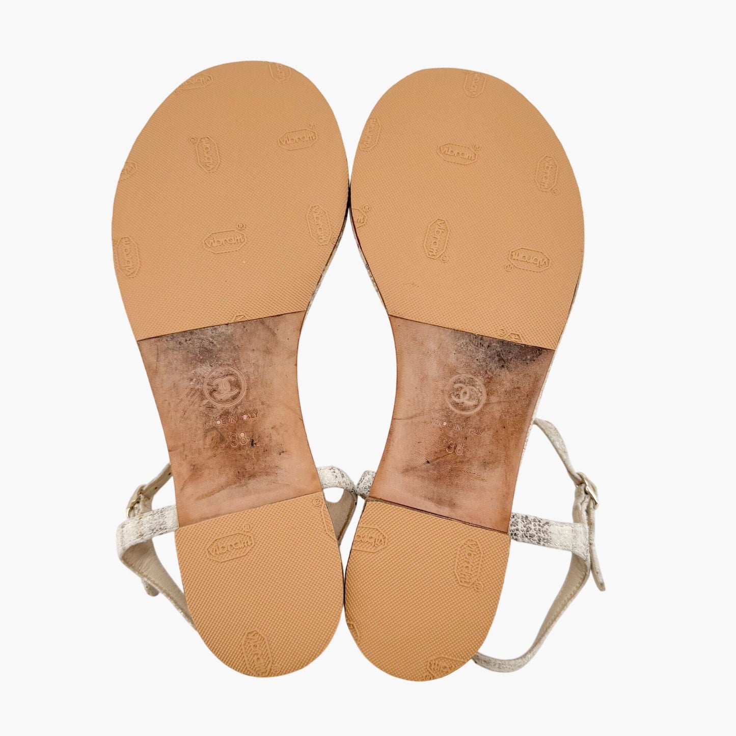 Chanel Camellia Pearl CC T-Strap Flat Sandals in Beige Suede Size 38
