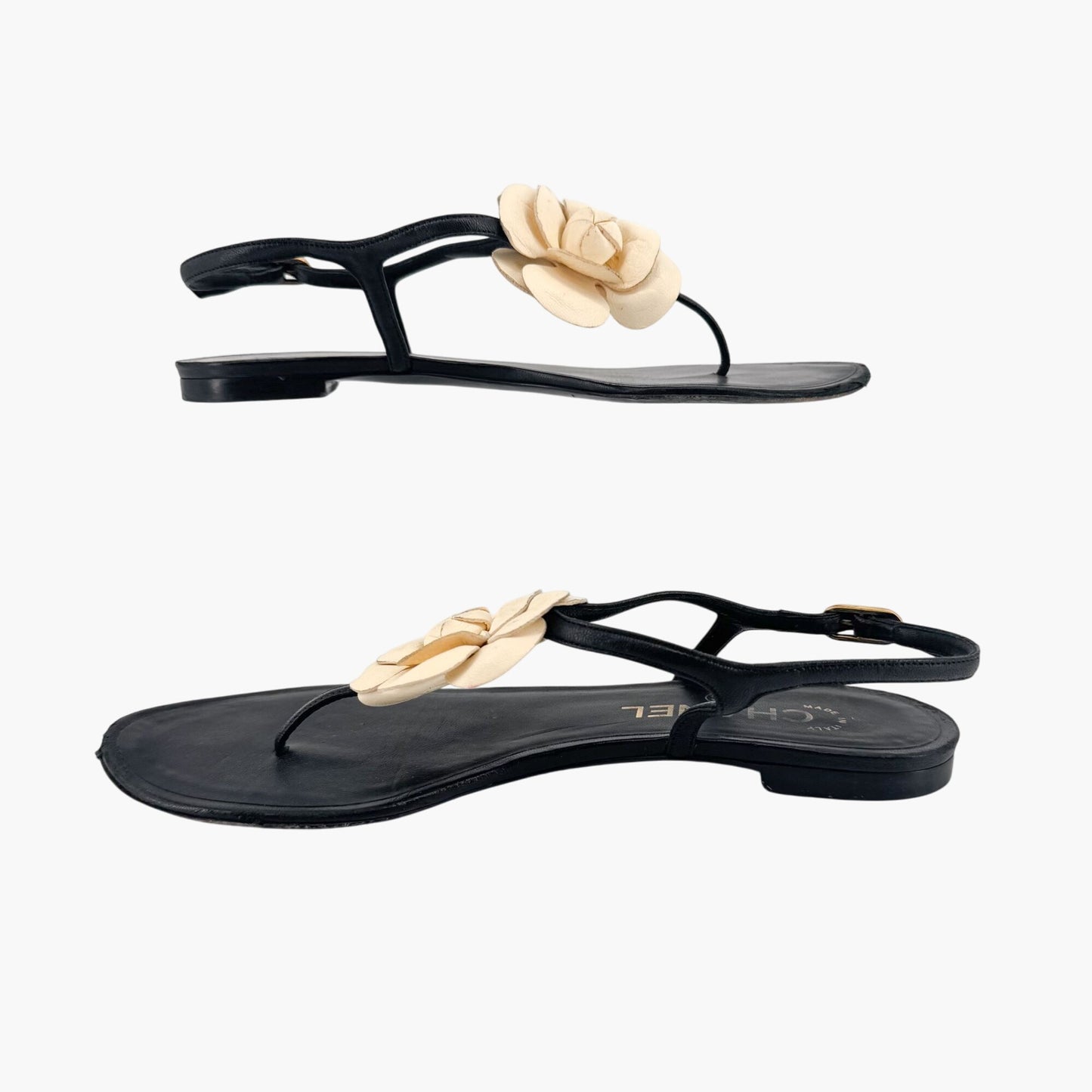 Chanel Camellia CC T-Strap Flat Sandals in Black & Ivory Leather Size 37.5C