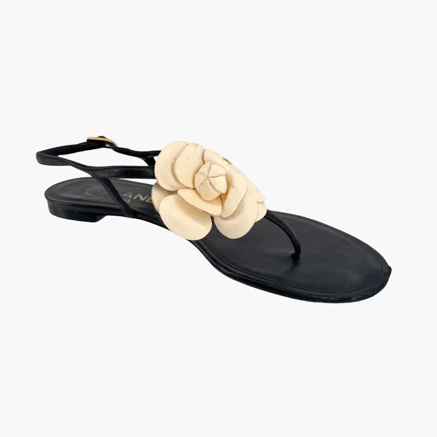 Chanel Camellia CC T-Strap Flat Sandals in Black & Ivory Leather Size 37.5C